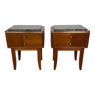 Paire de chevets ou tables d'appoint chêne et marbre vert de mer