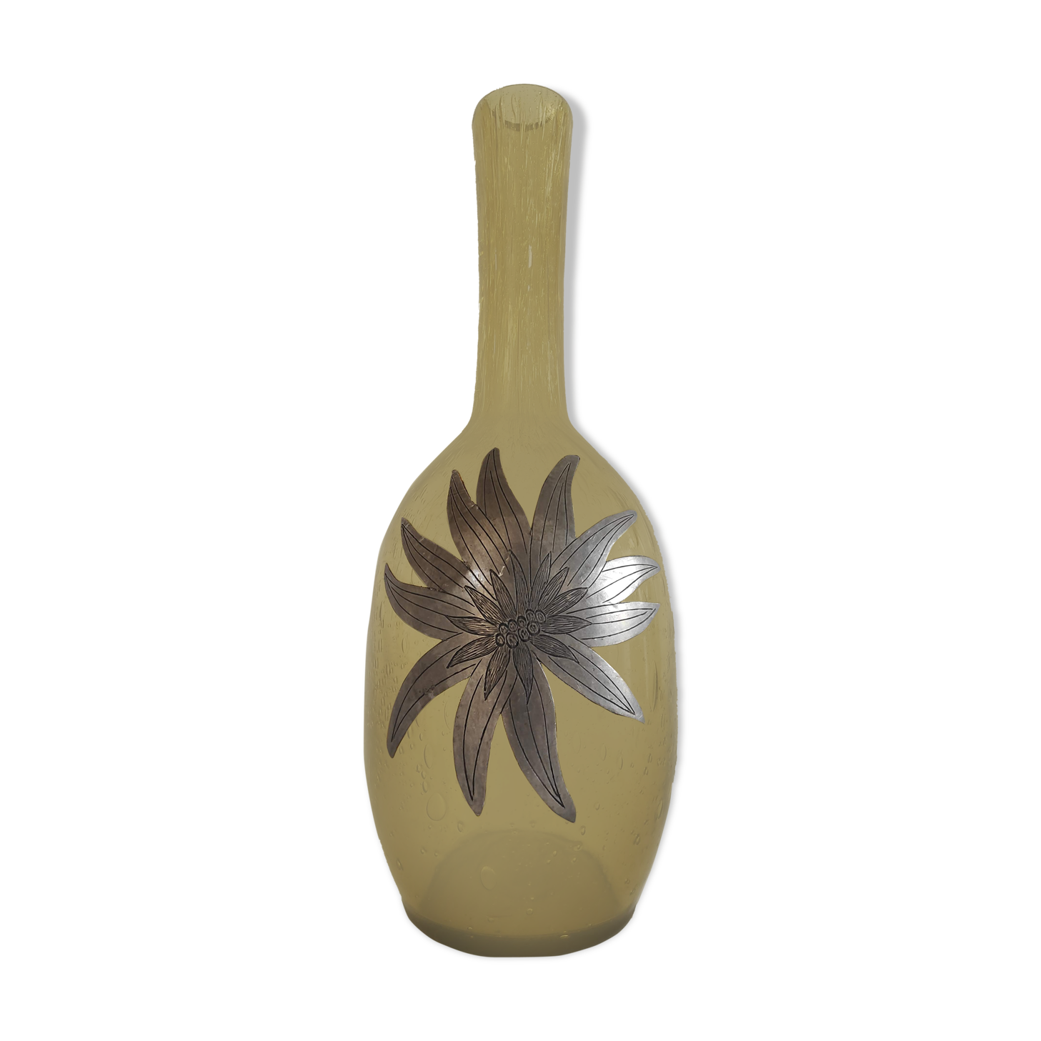 50-year-old soliflora vase in green bulled glass and pewter flower