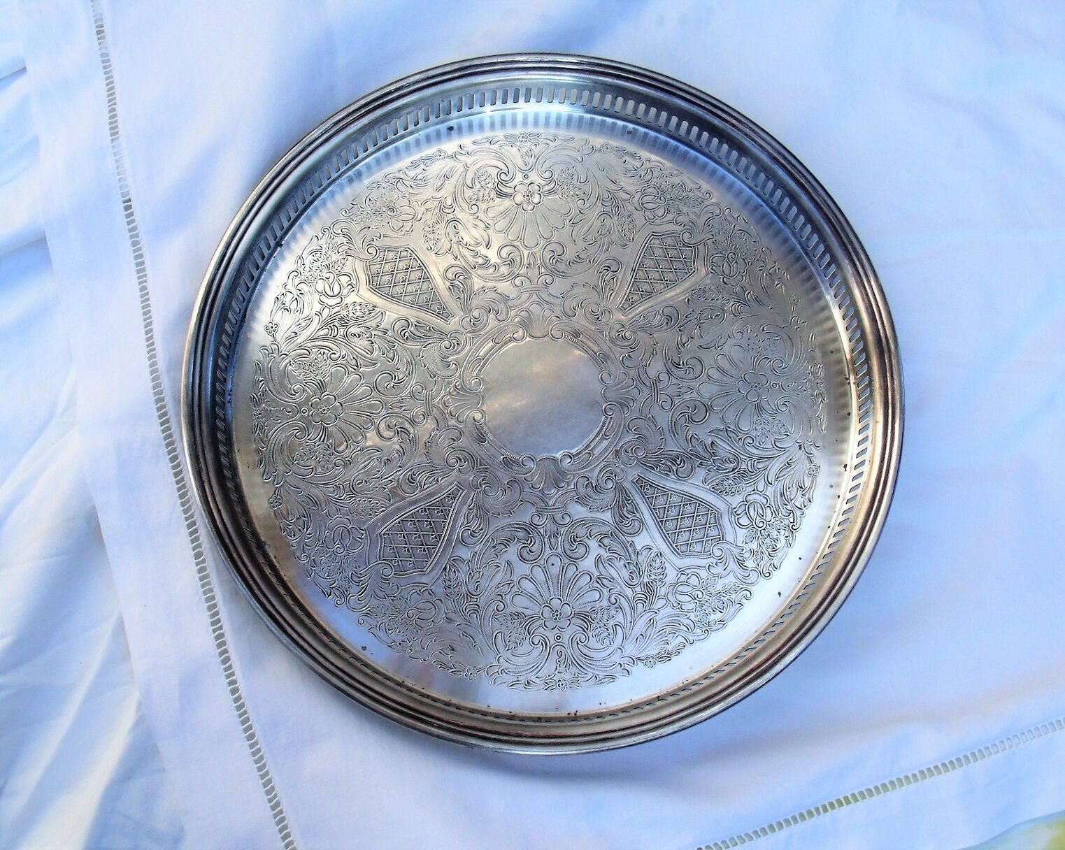 Silver metal serving tray brand flagship openwork border