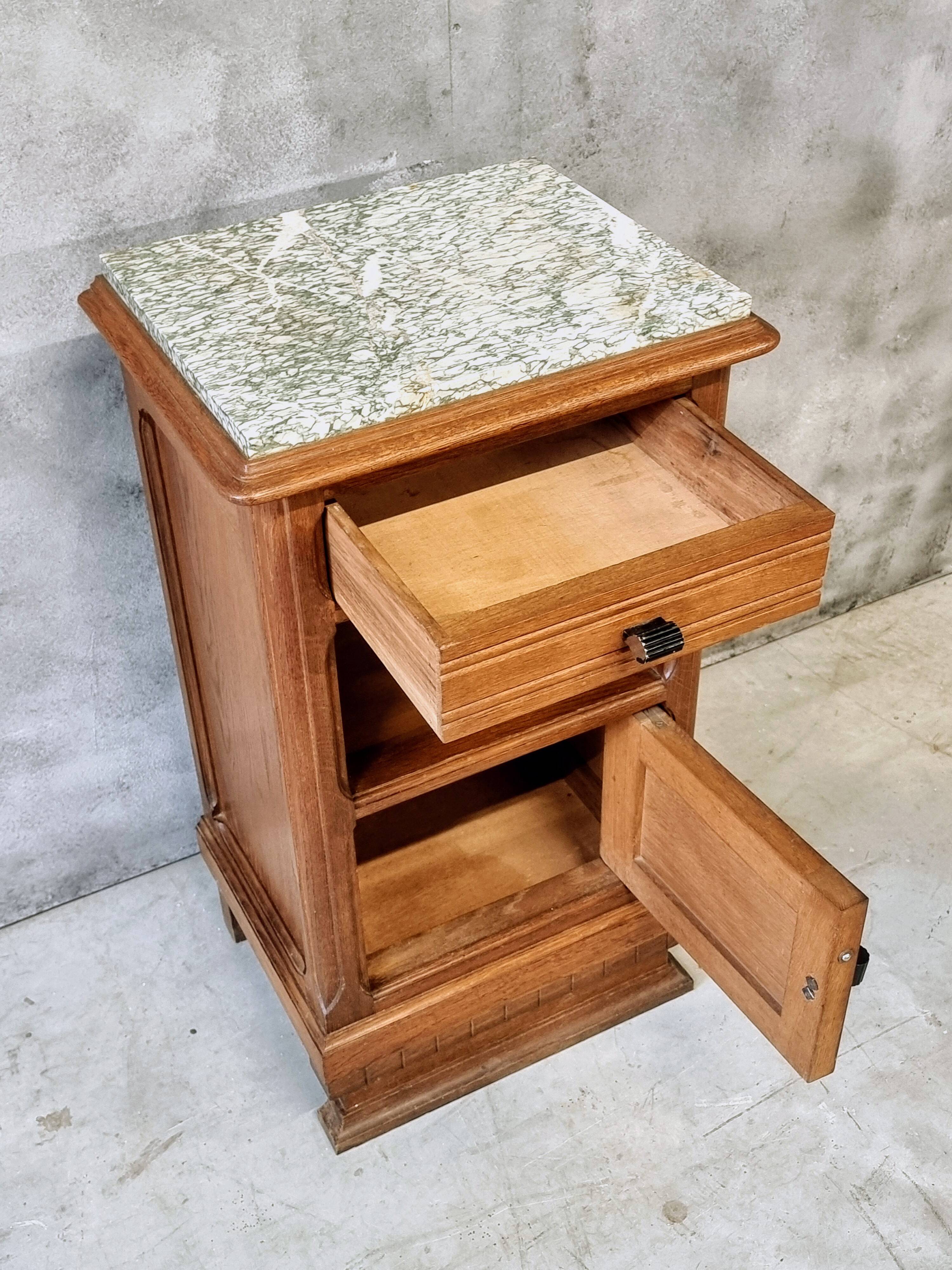 Antique Art Deco bedside table, oak entrance table with marble top