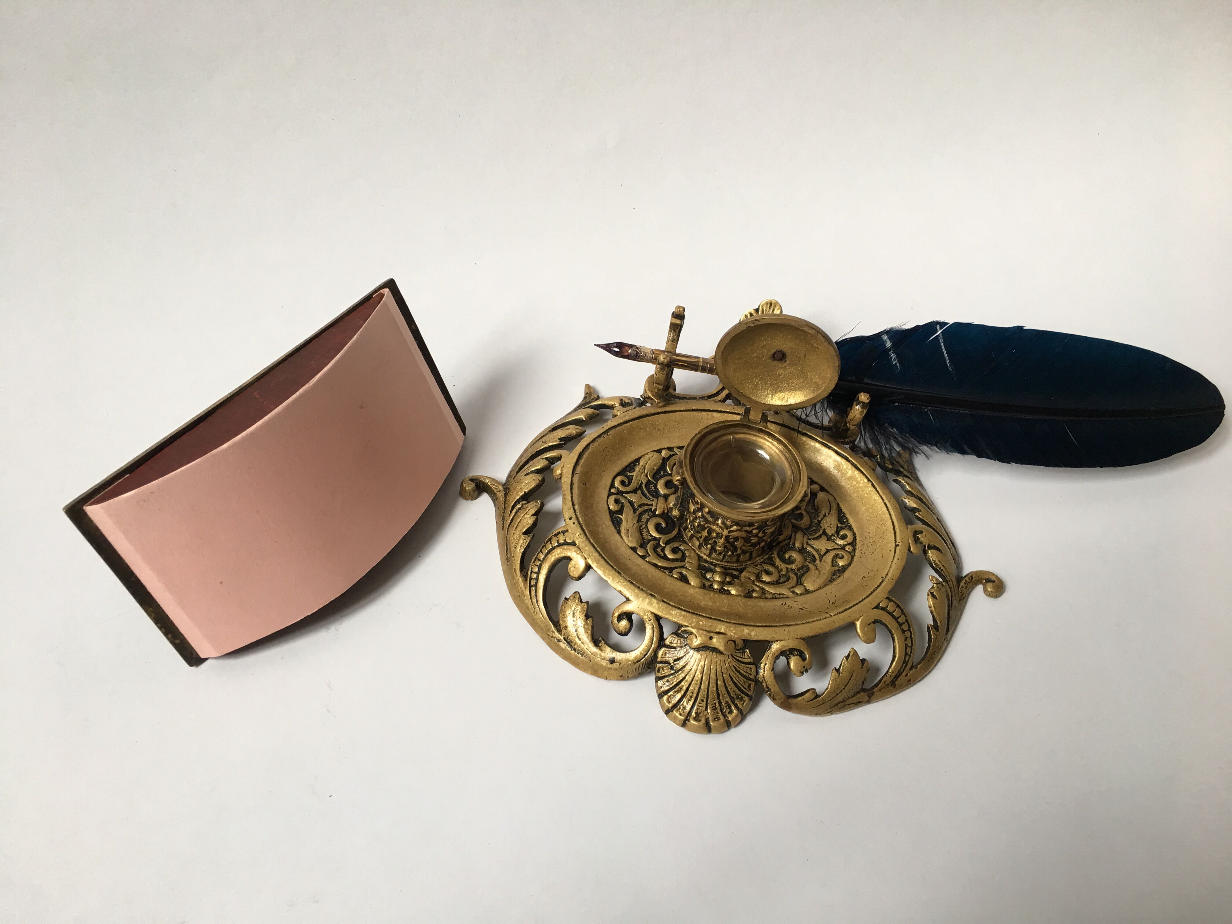 Vintage writing kit - Old inkwell and neoclassical ink pad in gilded bronze XIXth