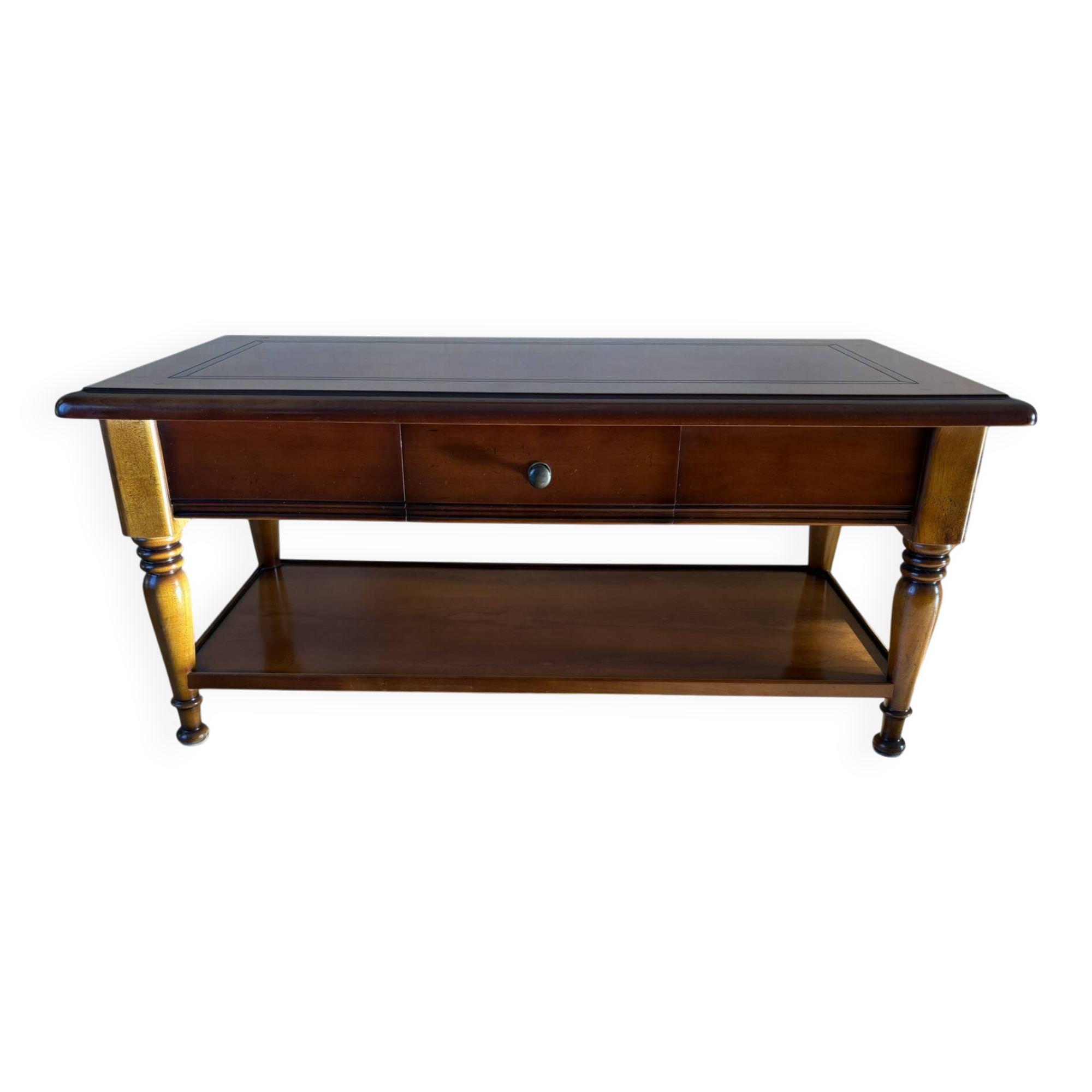 Vintage wooden coffee table with drawer and shelves