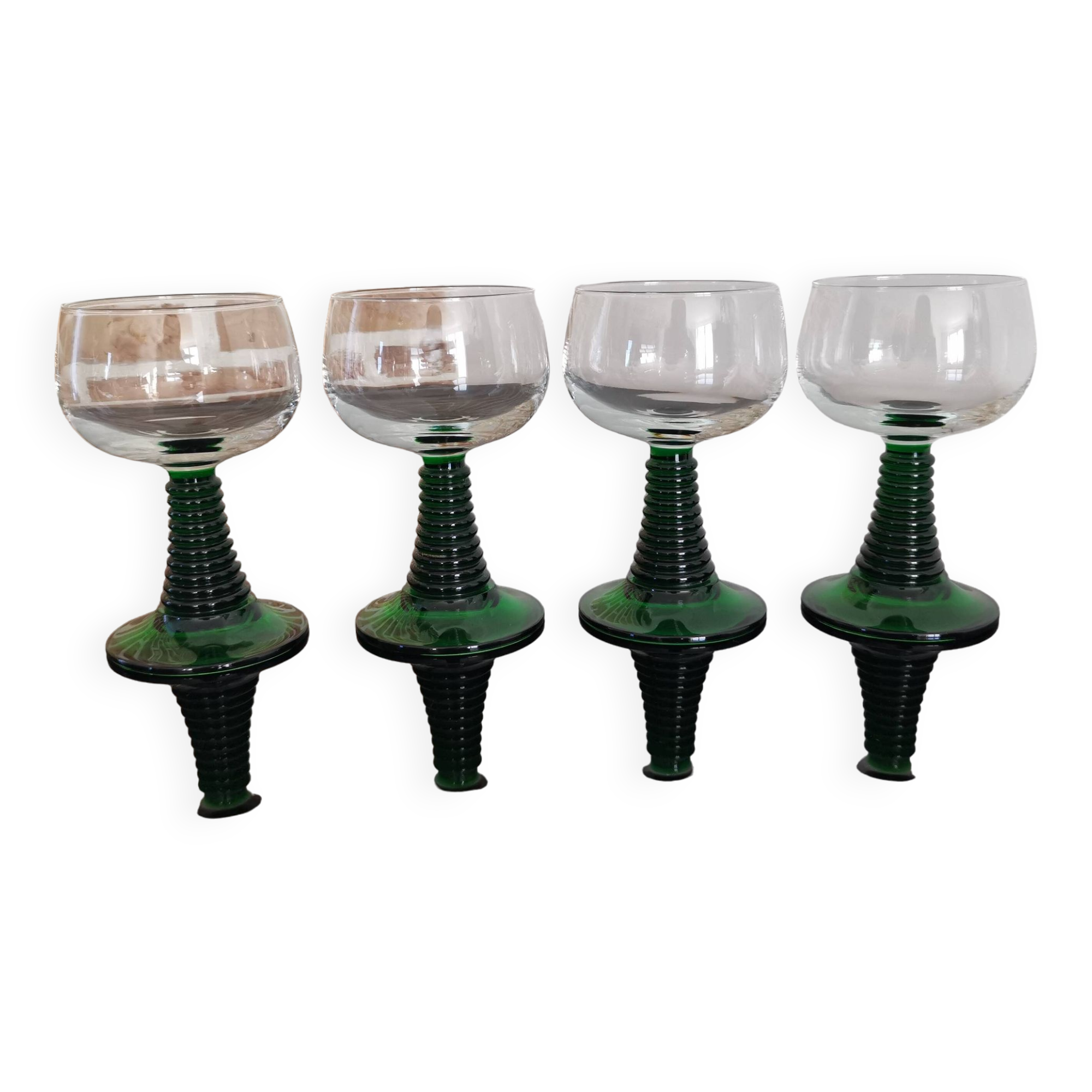4 Alsace wine glasses with green twisted legs, ROEMER type