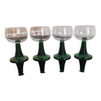 4 Alsace wine glasses with green twisted legs, ROEMER type