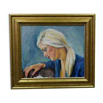 Portrait moderne suédois, huile sur toile encadrée, Nathalie Levi, années 1970