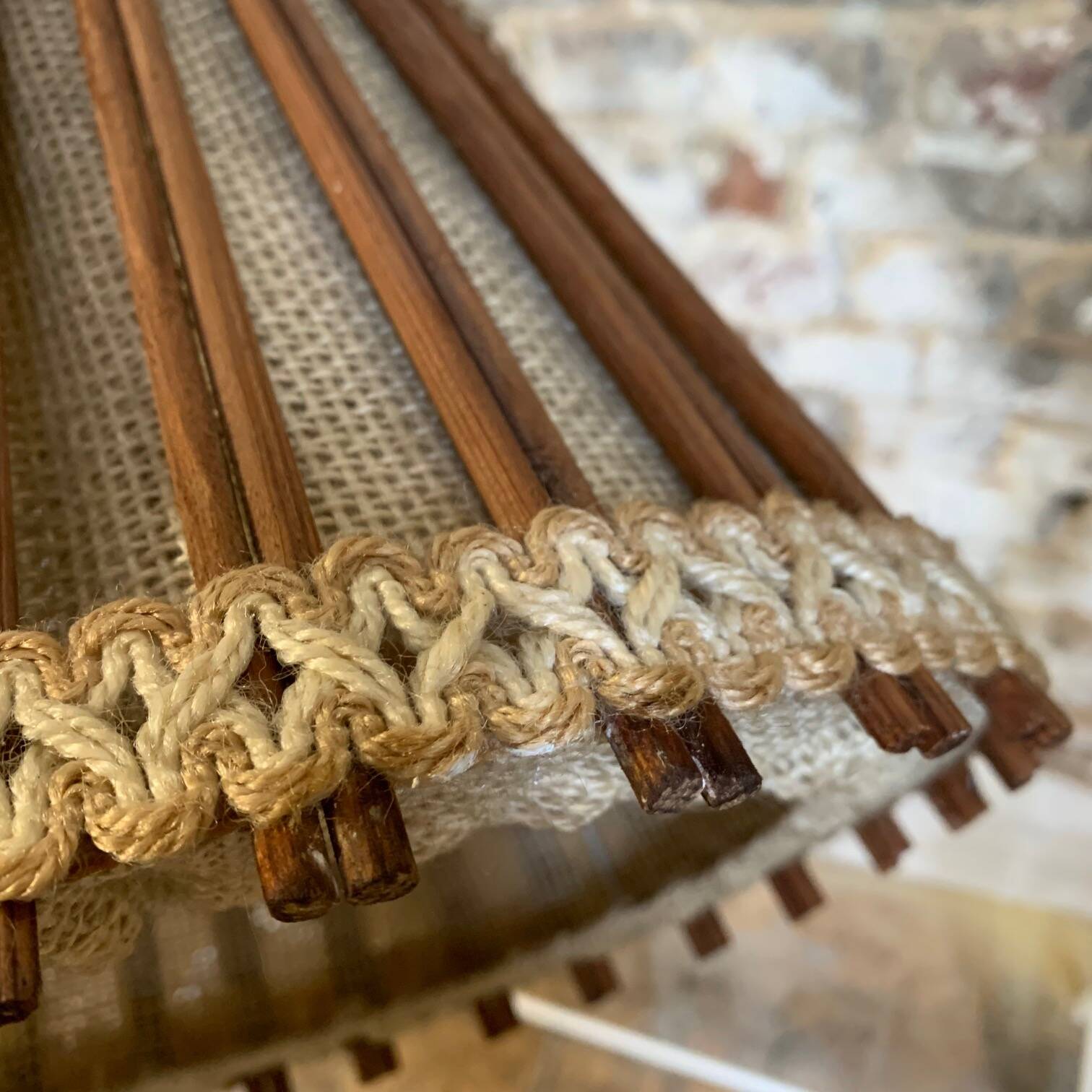 Vintage Scandinavian pendant light (1960s) in wood and linen