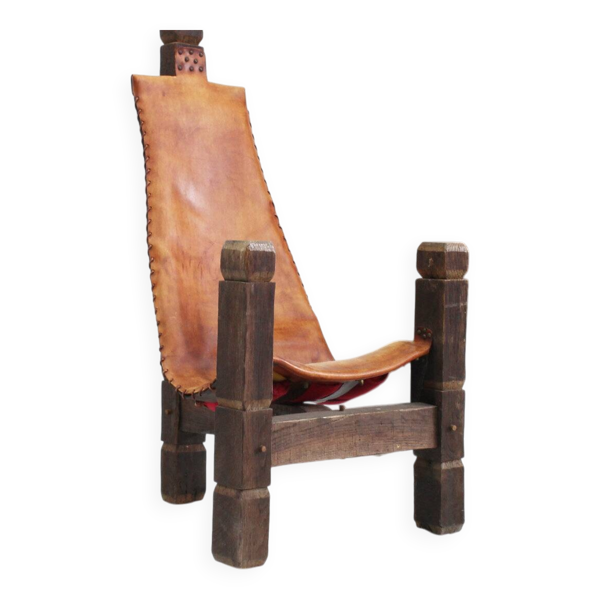 Chaise trépied brutaliste vintage en cuir et bois