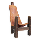 Chaise trépied brutaliste vintage en cuir et bois