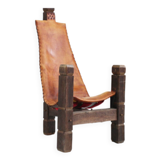 Vintage Brutalist tripod chair leather and wood