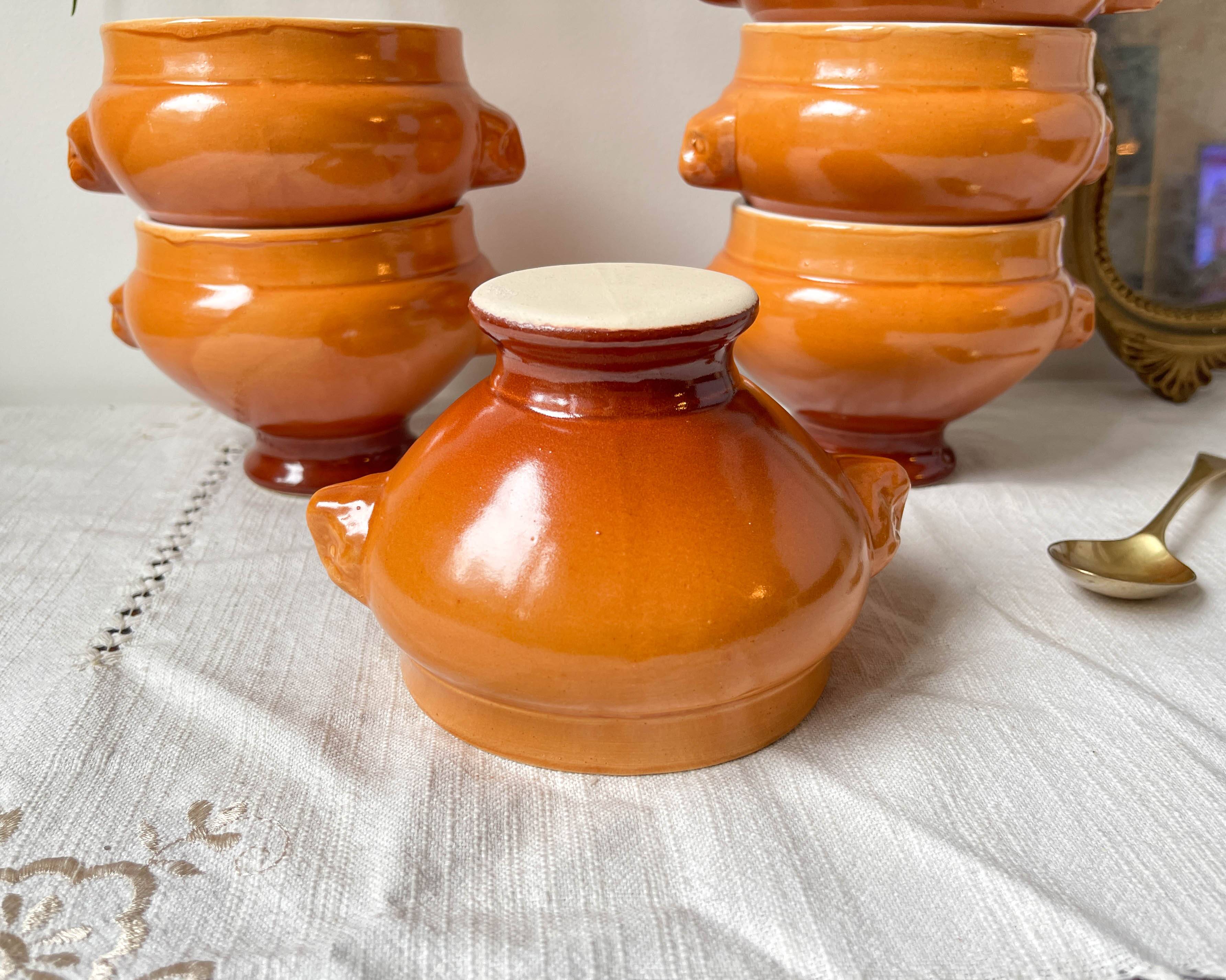 6 vintage Emile Henry ceramic lion head bowls, brown gradient, made in France