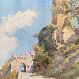 Tableau aquarelle 1930 signée paysage ruine et chemin avec le cadre‌