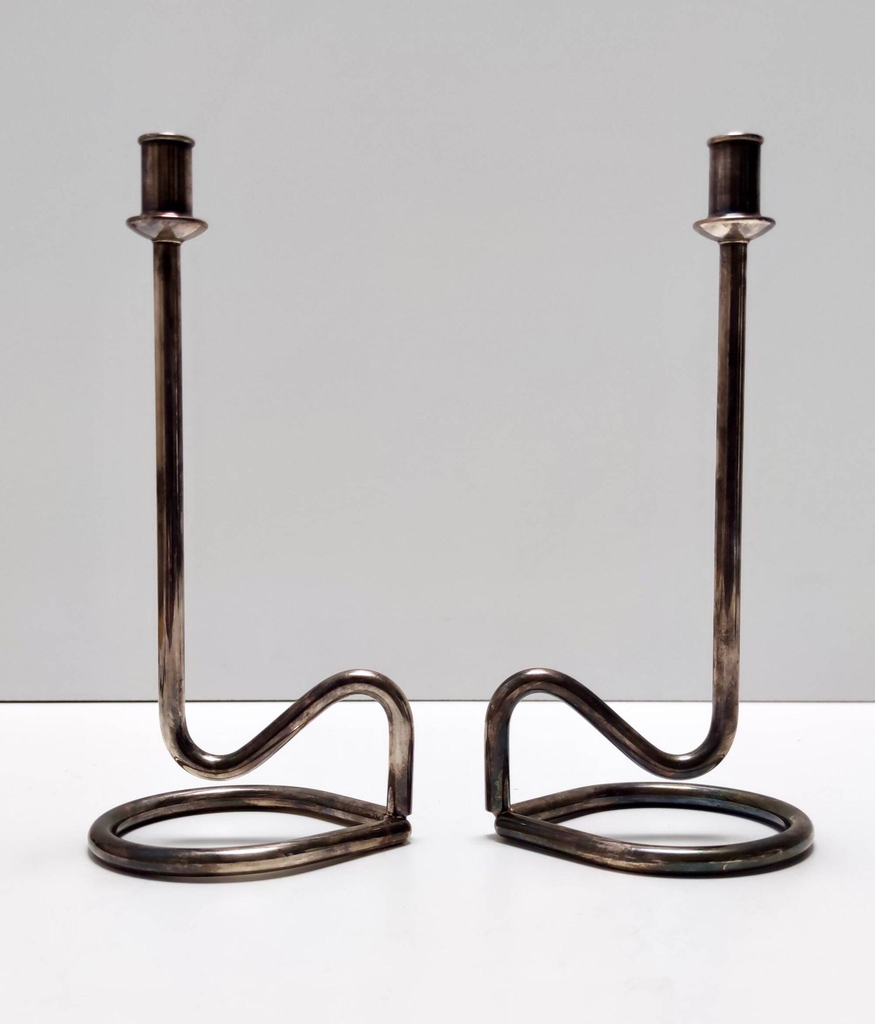 Minimalist Pair of Silver Plated Metal Candleholders in the Style of Sabattini