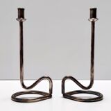 Minimalist Pair of Silver Plated Metal Candleholders in the Style of Sabattini