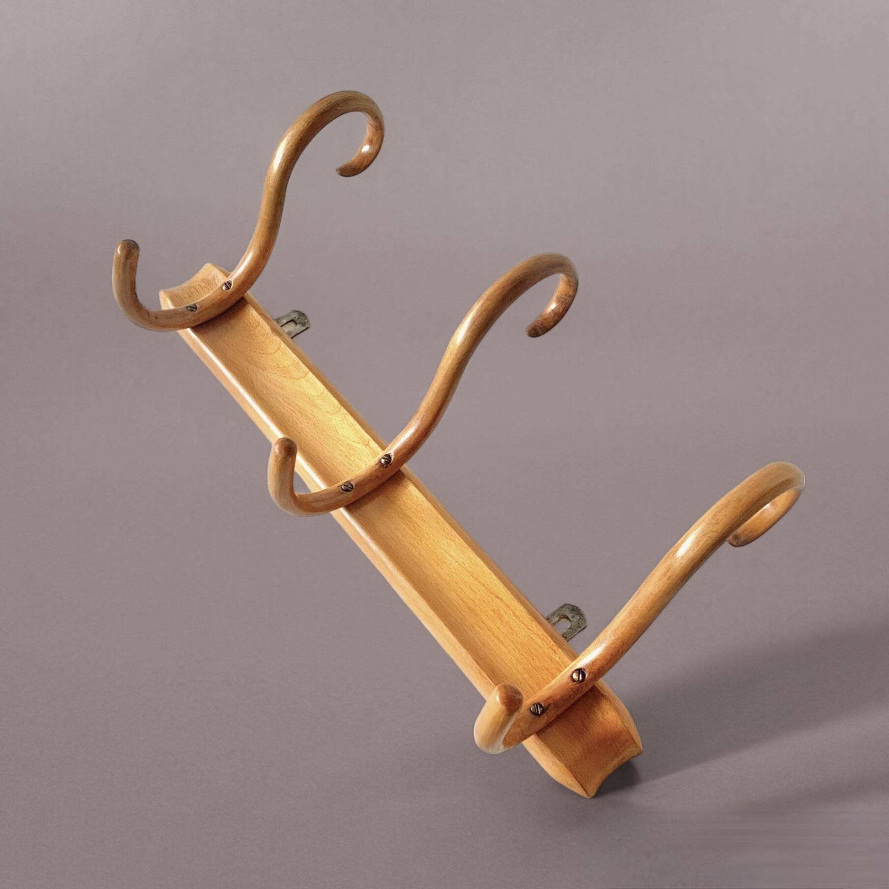Old Thonet wall coat rack in bent wood - 3 hooks