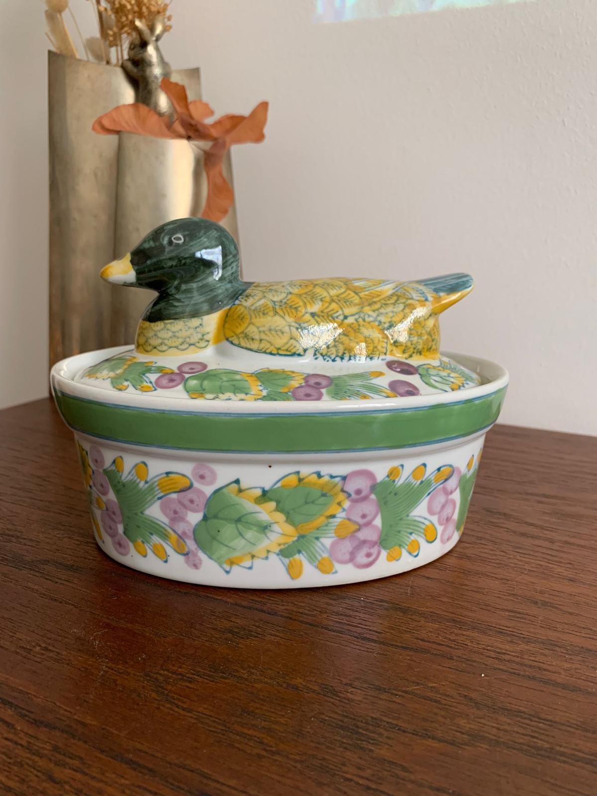 Barbotine terrine dish duck vintage 1970