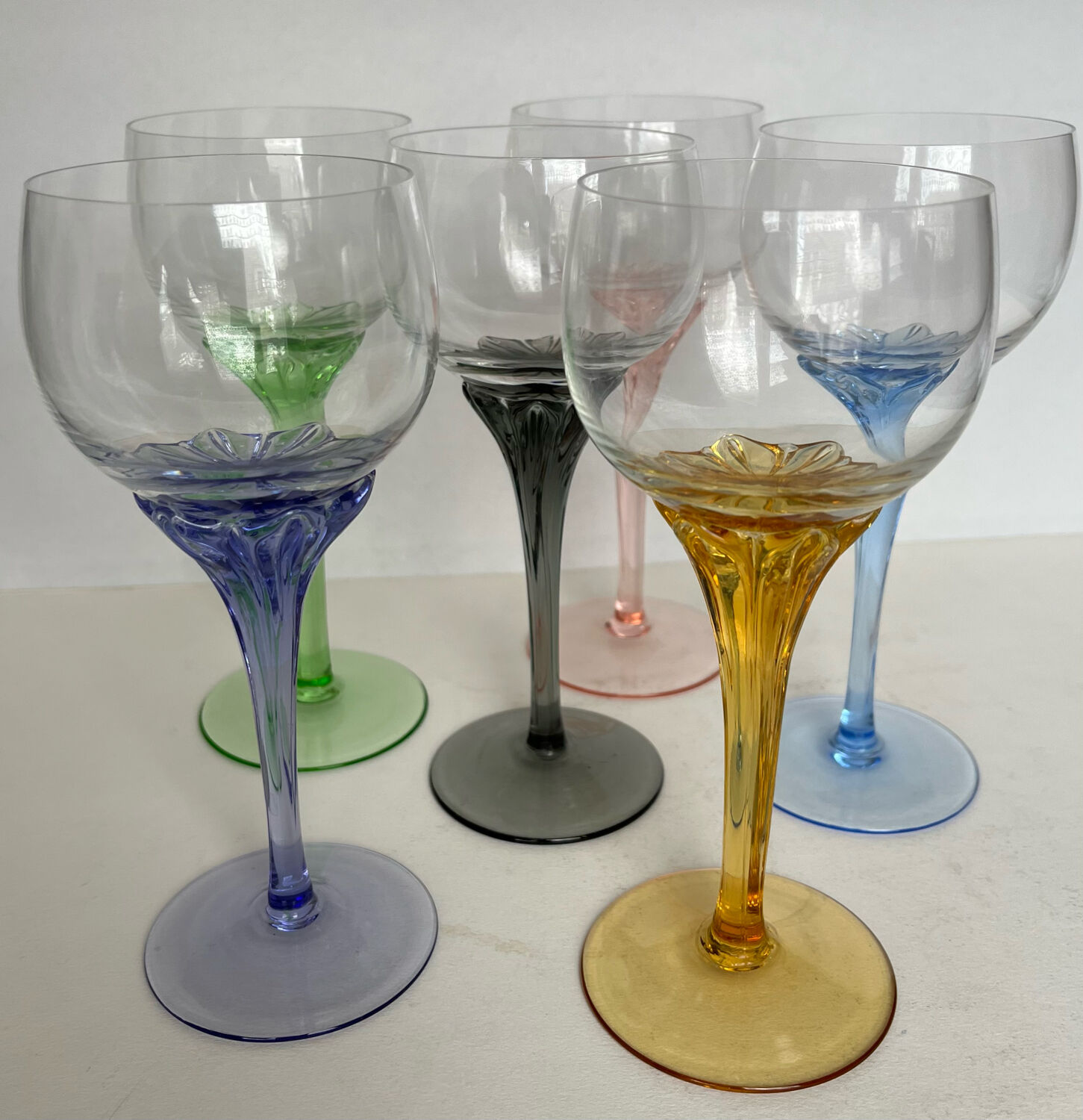 6 coloured glass wine glasses