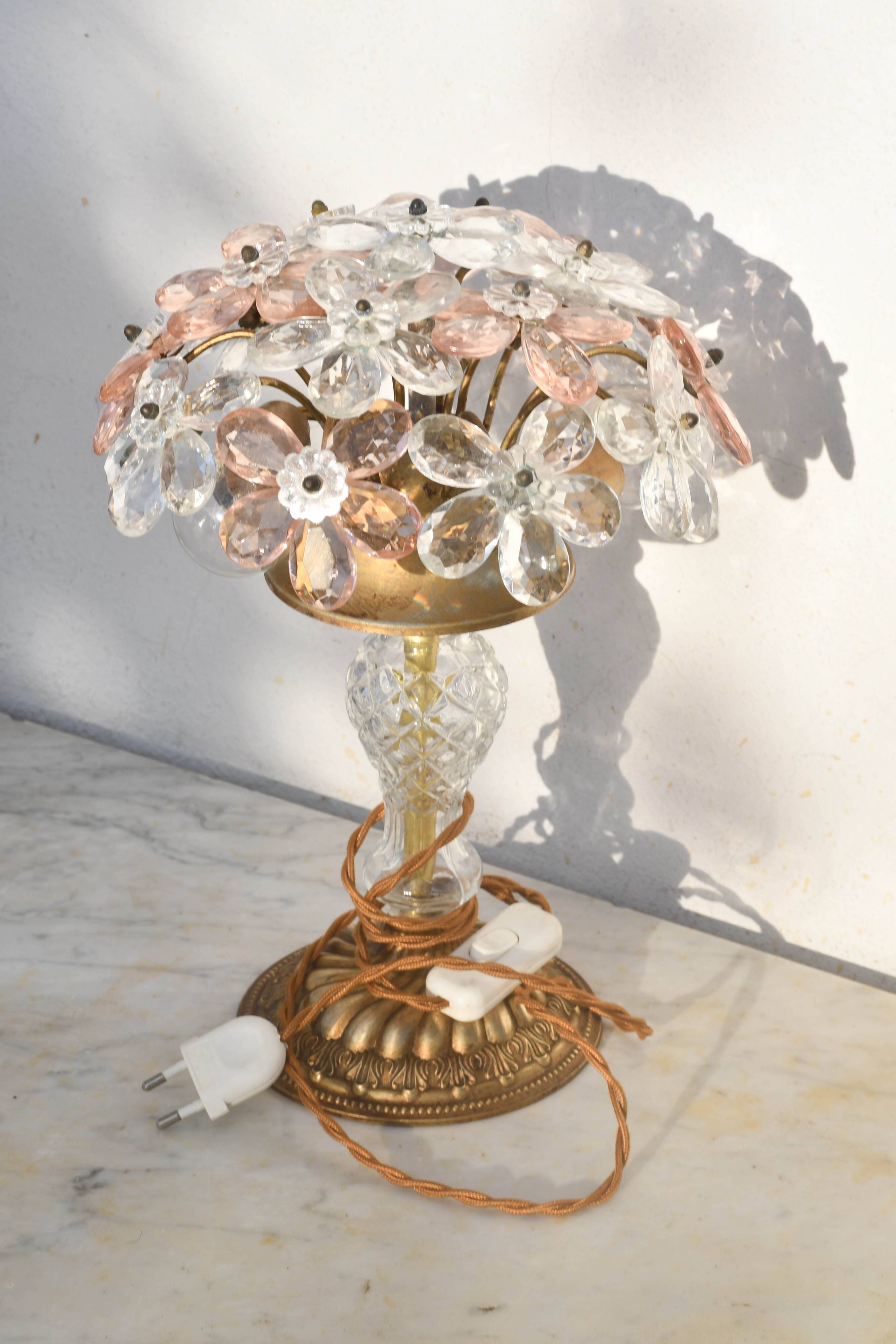 Set of 2 large table lamps with crystal glass flowers, pink and transparent, brass base, 1960