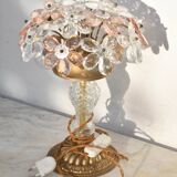 Set of 2 large table lamps with crystal glass flowers, pink and transparent, brass base, 1960