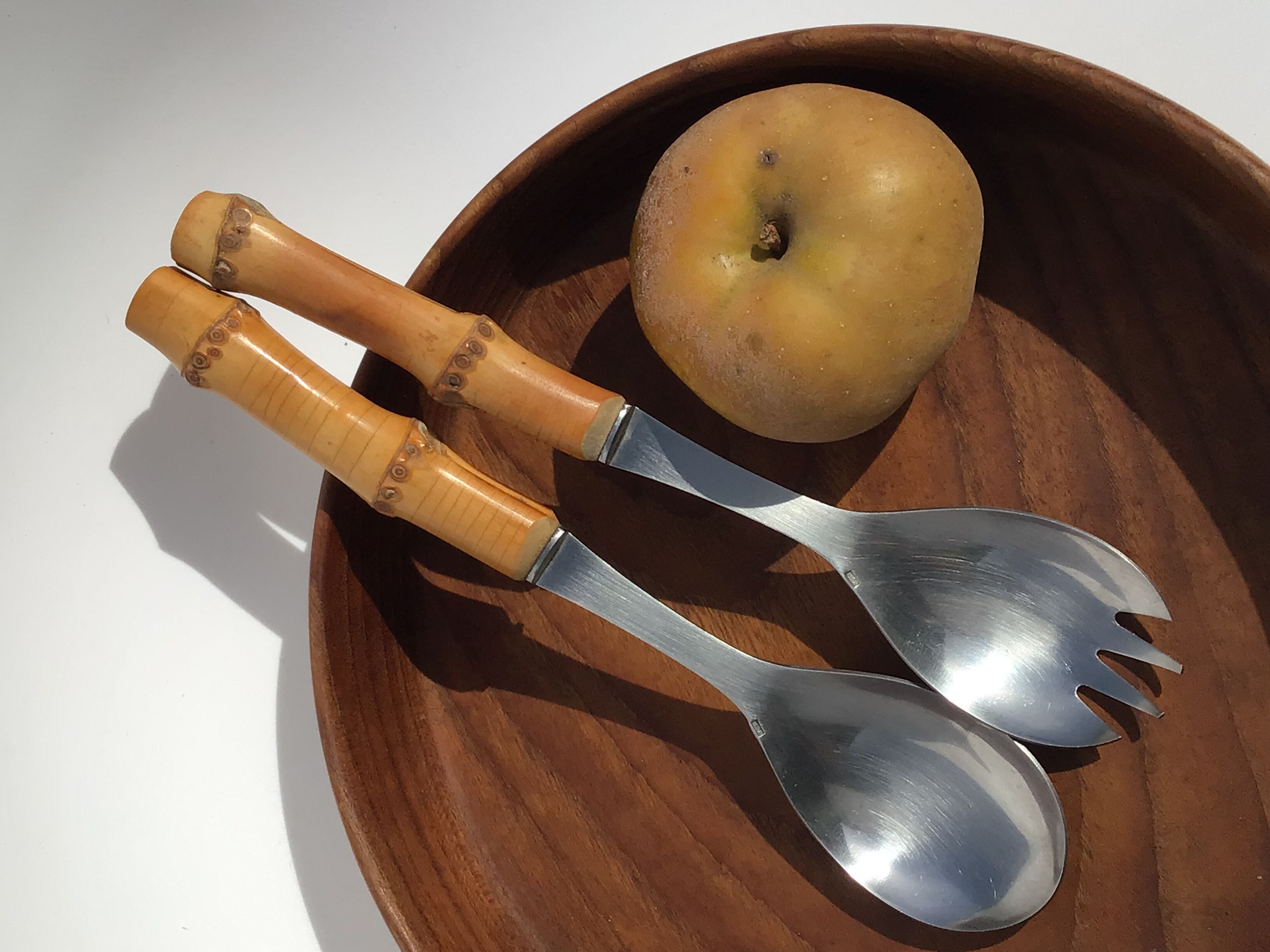 Salad cutlery in natural bamboo and stainless steel 70's