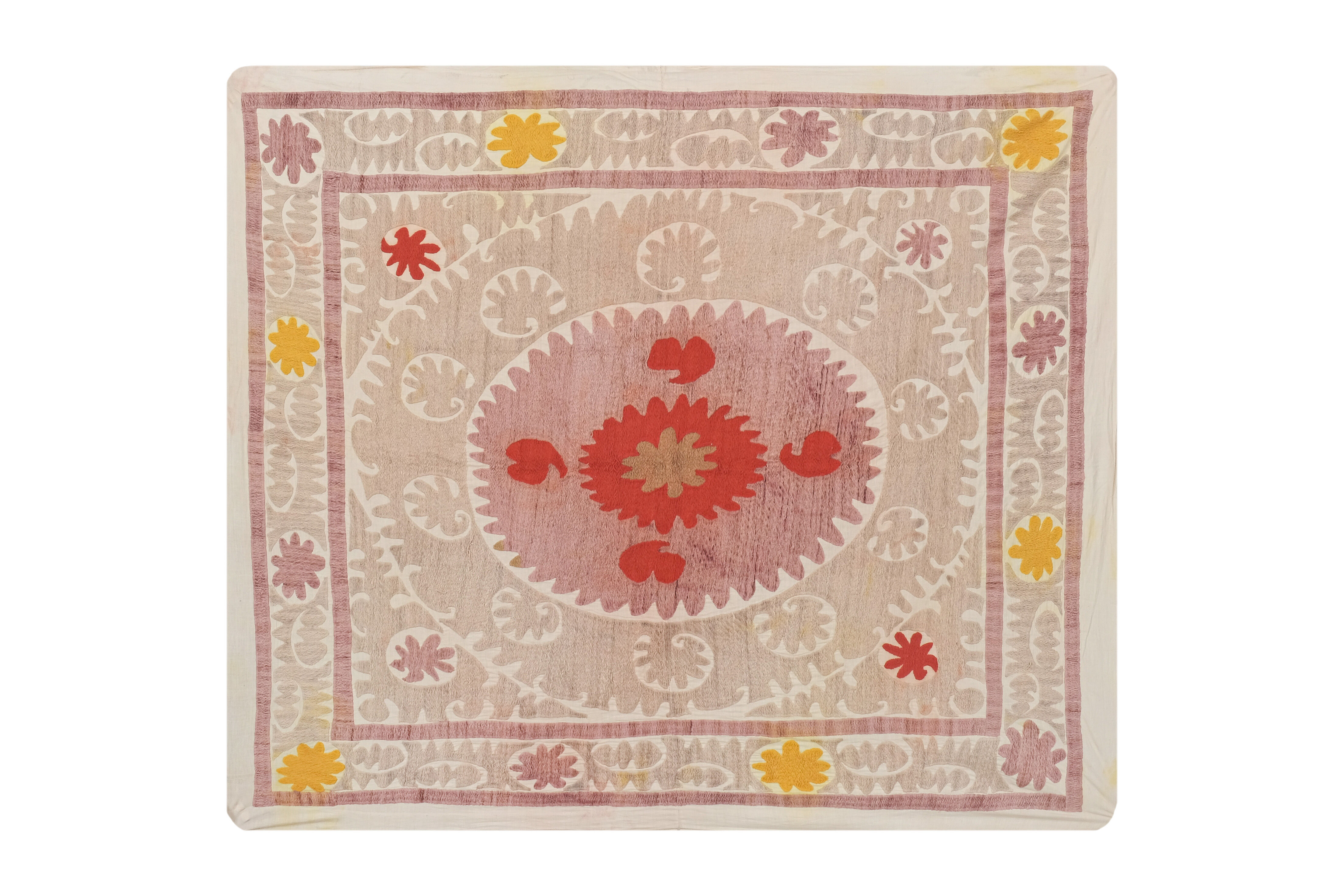 Embroidered tan suzani table cover, vintage tan and pink old embroidery textile
