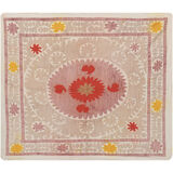 Embroidered tan suzani table cover, vintage tan and pink old embroidery textile