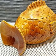 Old tureen yellow fish earthenware Sarreguemines France Slip
