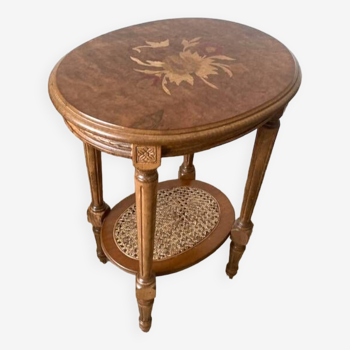 Inlaid and caned pedestal table