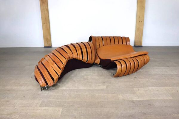 Canapé lounge vintage sculptural en cuir cognac, France 1980