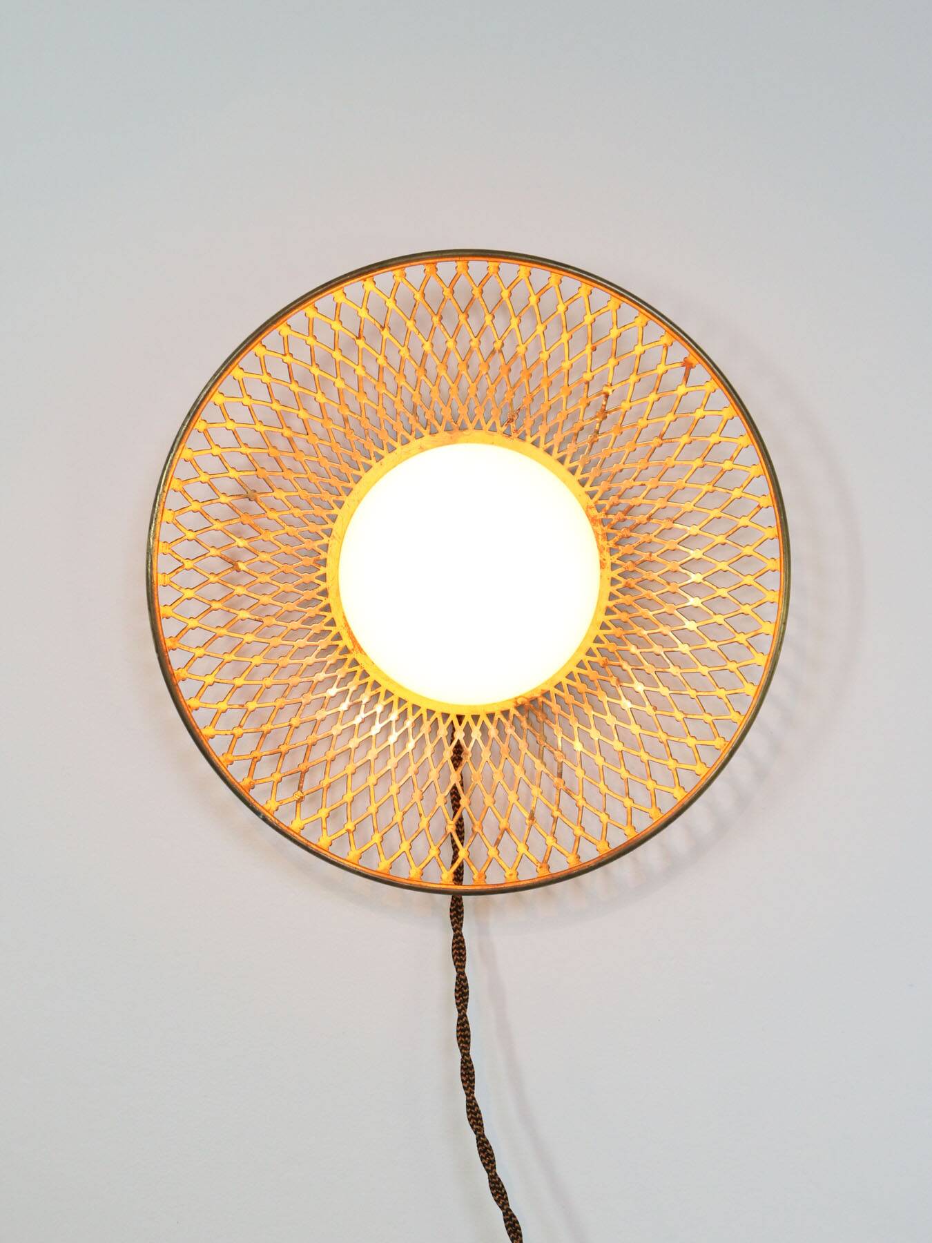 Mid-Century Intricate Wall Lamp in Brass and Opaline Glass, 1950s