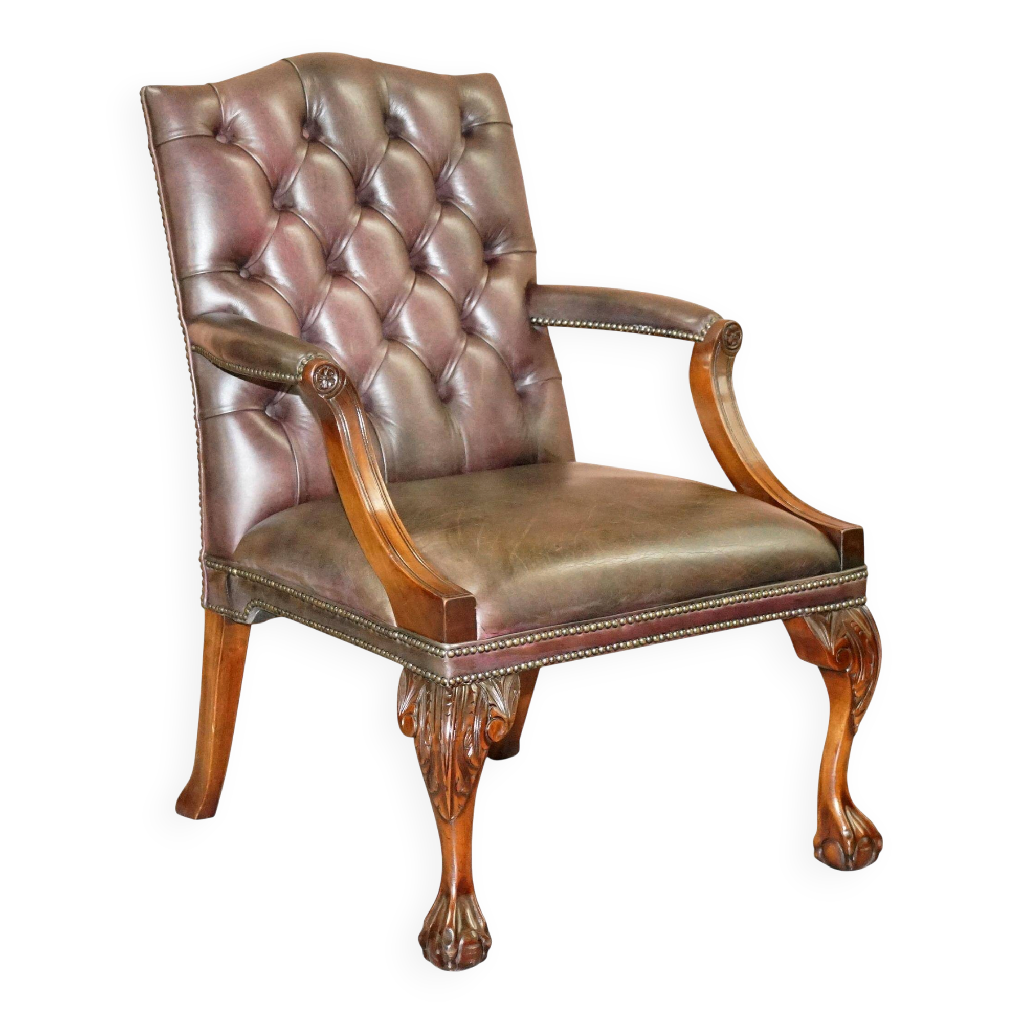 Gainsborough armchair George II leather Chesterfield hand-carved with claw and ball feet.