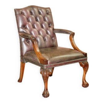 Gainsborough armchair George II leather Chesterfield hand-carved with claw and ball feet.