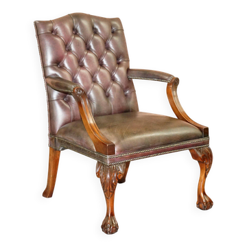 Gainsborough armchair George II leather Chesterfield hand-carved with claw and ball feet.