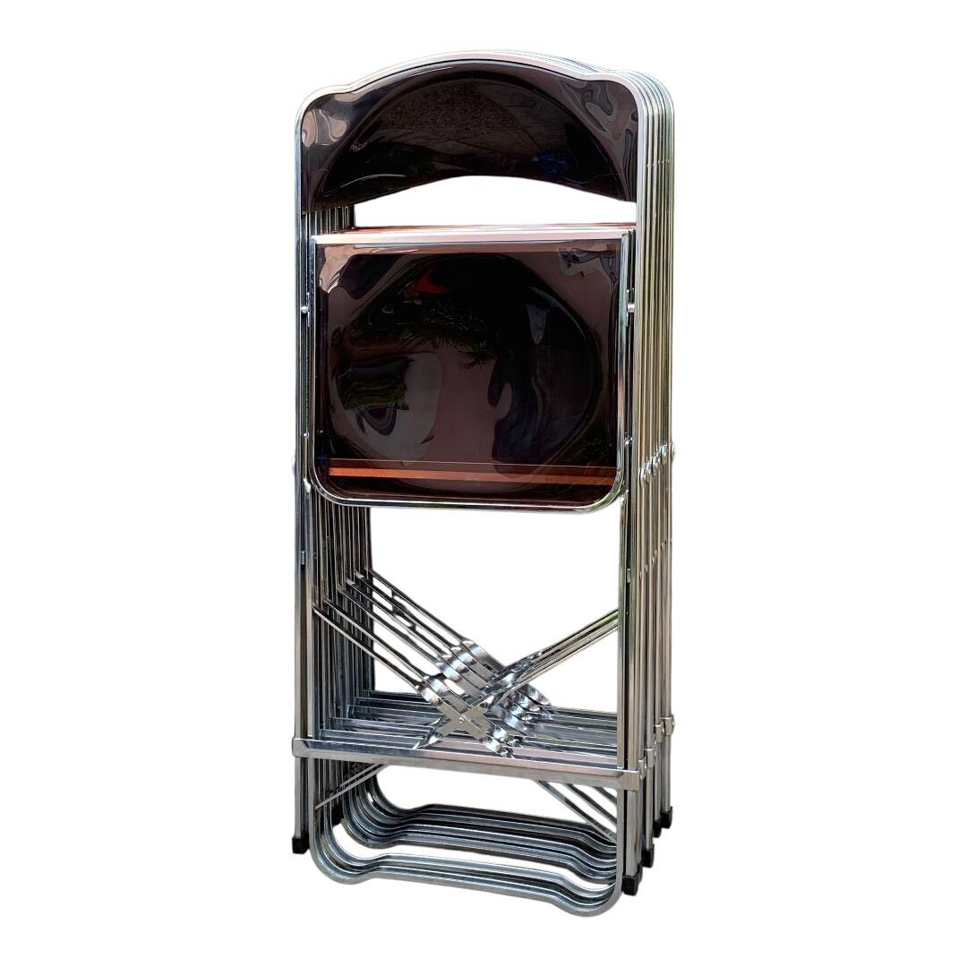 6 chaises pliantes en Plexiglas fumé et métal chrome Chaisor 1970