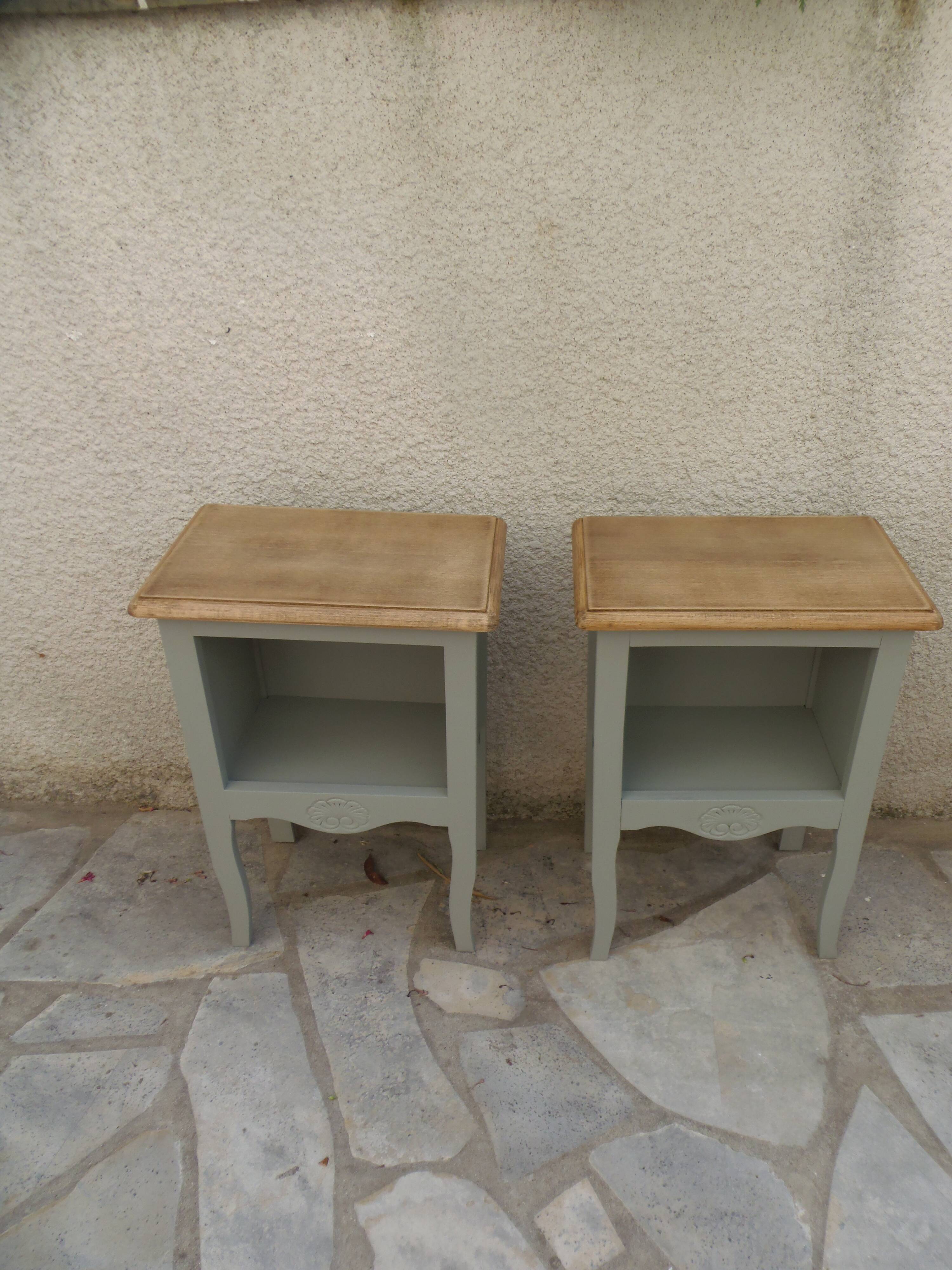 Pair of restored antique bedside tables painted in verdigris.