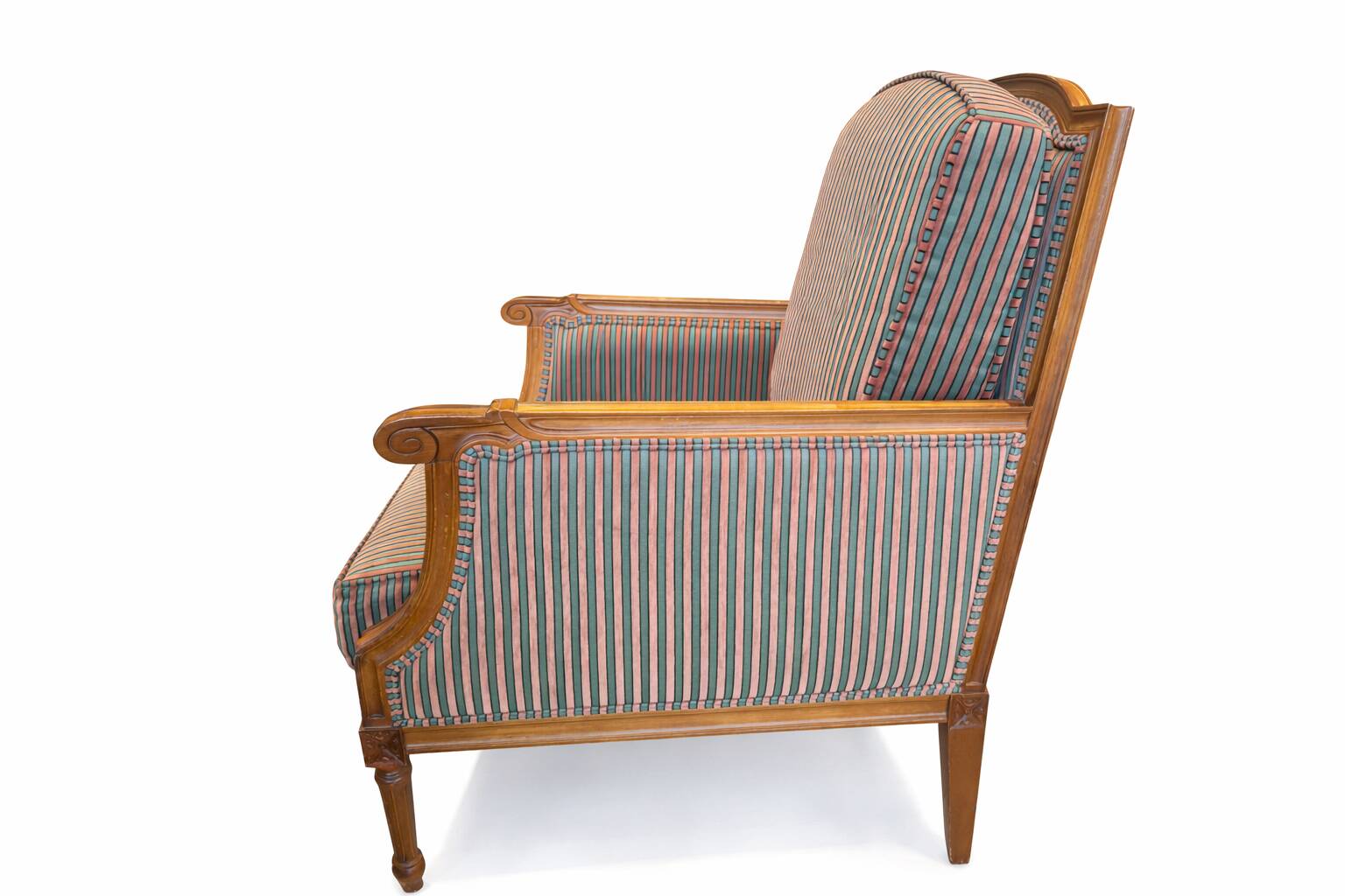 Armchair in the style of Louis XVI made of solid wood, striped fabric.