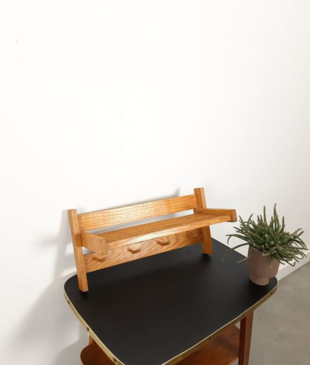 Vintage wooden wall coat rack with shelf