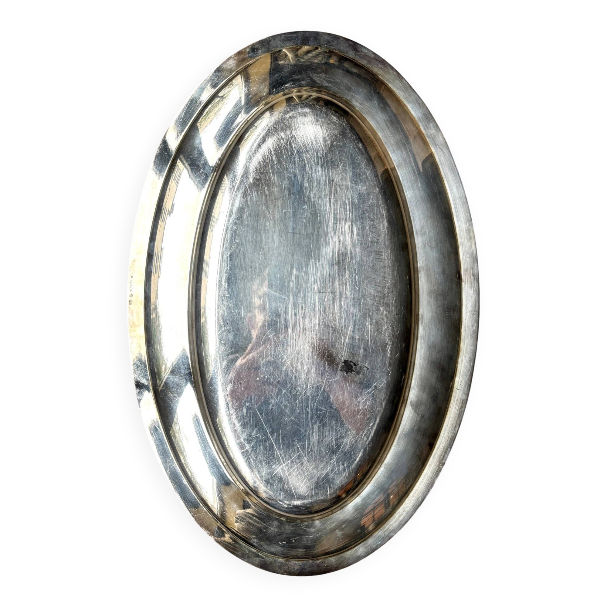 Plat ovale Ercuis en métal argenté, décor perlé