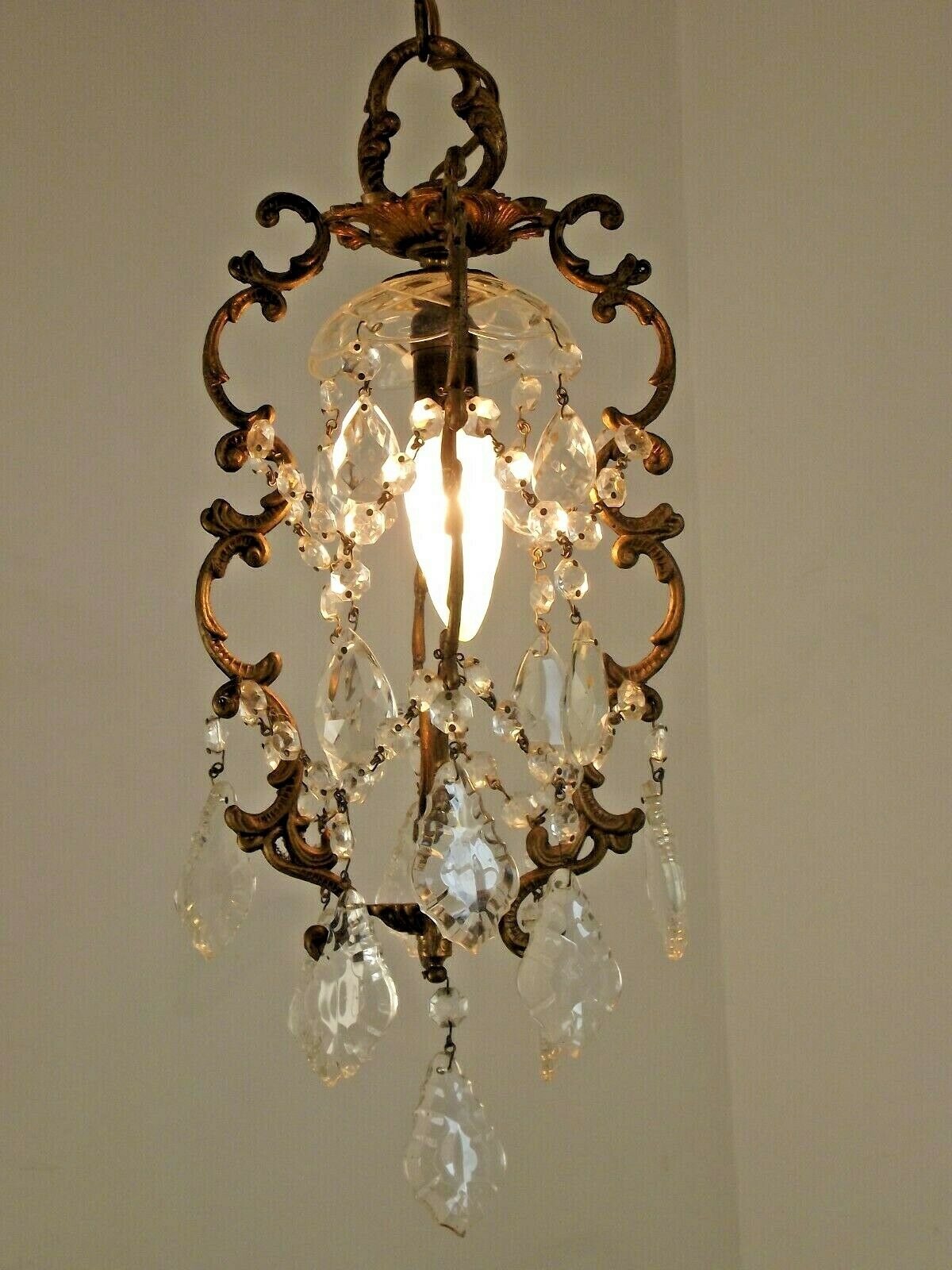 French antique small brass crystal & glass single light cage chandelier 3277