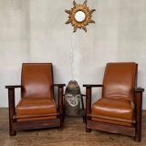 PAIR OF BRUTALIST ARMCHAIRS IN TEAK AND VINTAGE COGNAC LEATHER FROM THE 1950S