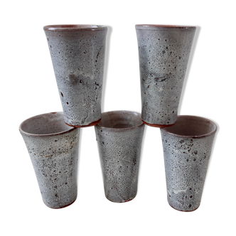 Lot de 5 verres en grès vintage gris émaillés années 70