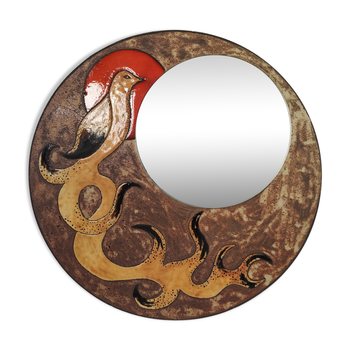 Enamel mirror on Volvic lava by Jacques Avier, 1980s