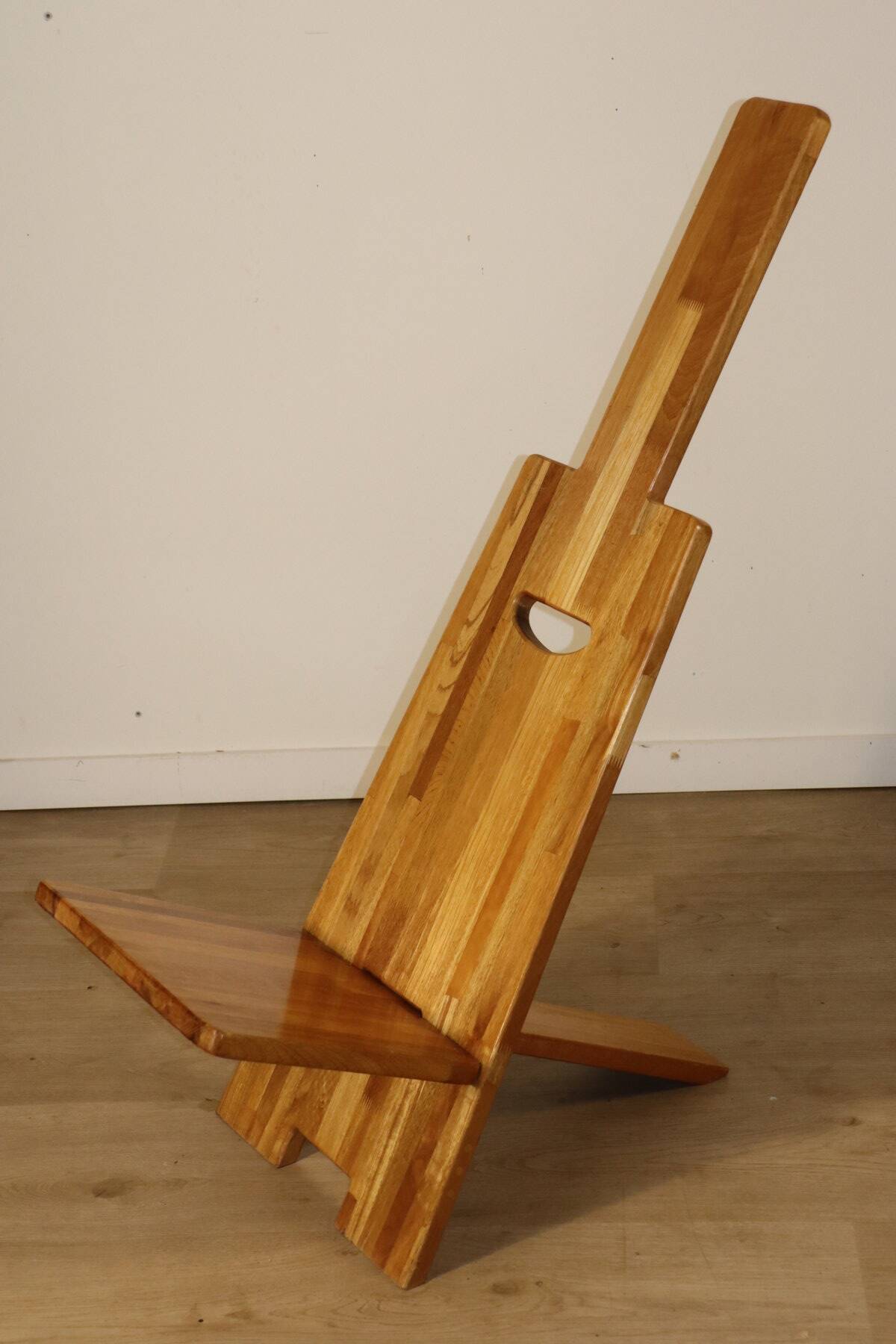 Sculptural brutalist armchair in solid elm, 1980.