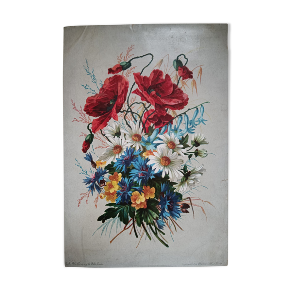 Lithographie bouquet de fleurs des champs tricolore