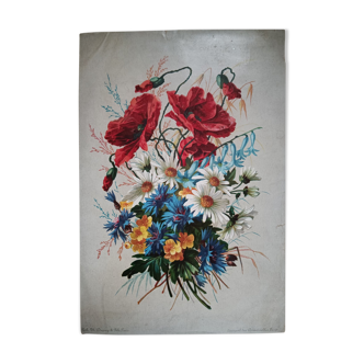 Lithographie bouquet de fleurs des champs tricolore