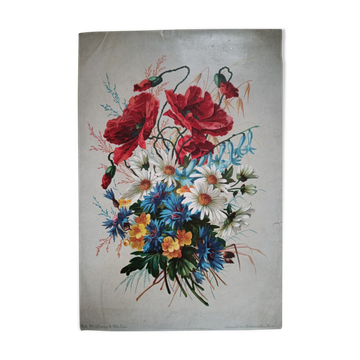 Lithographie bouquet de fleurs des champs tricolore