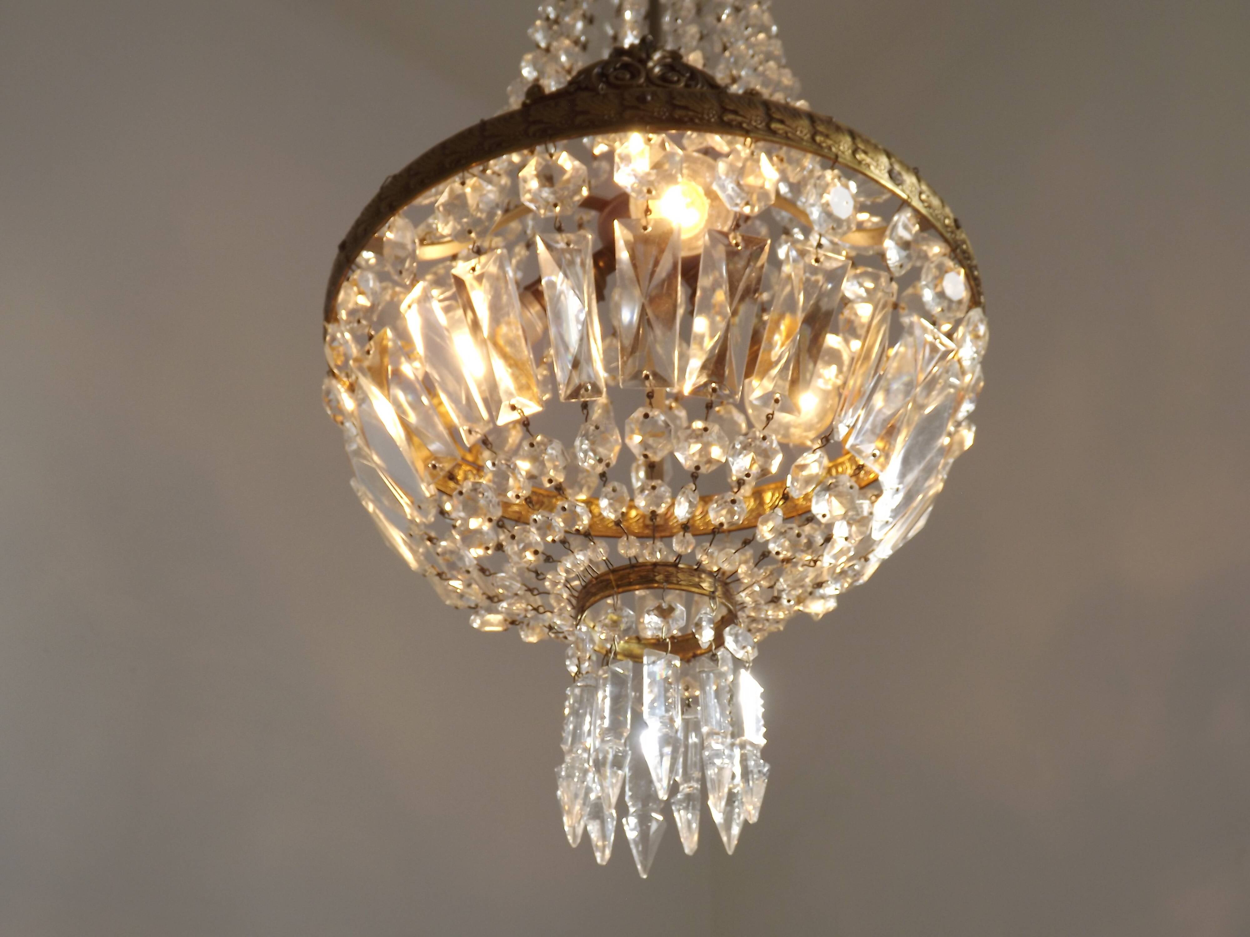 French Empire Style 3 Light Bronze Montgolfier Crystal Basket Chandelier