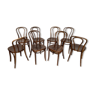 Series of 8 bistro chairs troquet wood curved vintage 1960