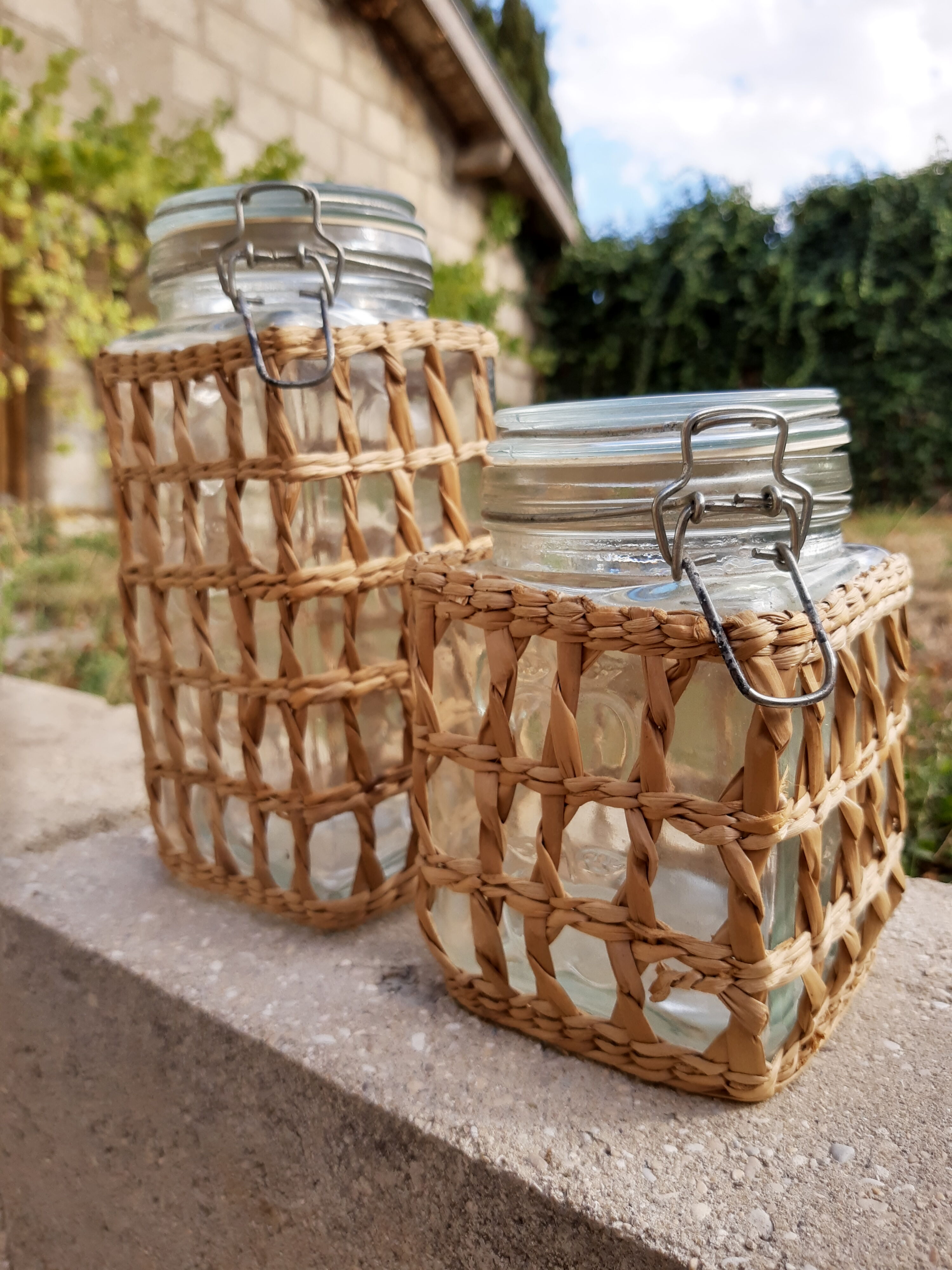 Pair of glass jars and rush