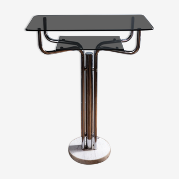 Pedestal table in metal, glass and marble