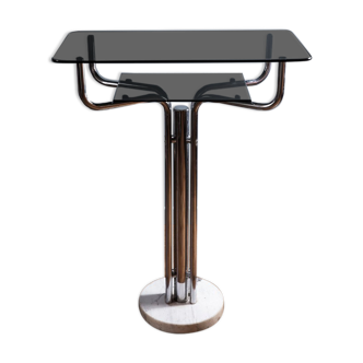 Pedestal table in metal, glass and marble